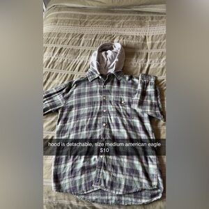 American Eagle Outfitters Green Plaid Button Down Shirt with Gray Hood